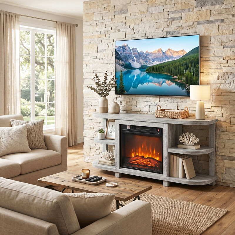 48" Light Gray TV Stand with 18" Insert Electric Fireplace and Open Storage Shelves Media Console for TVs up to 55" image number 3