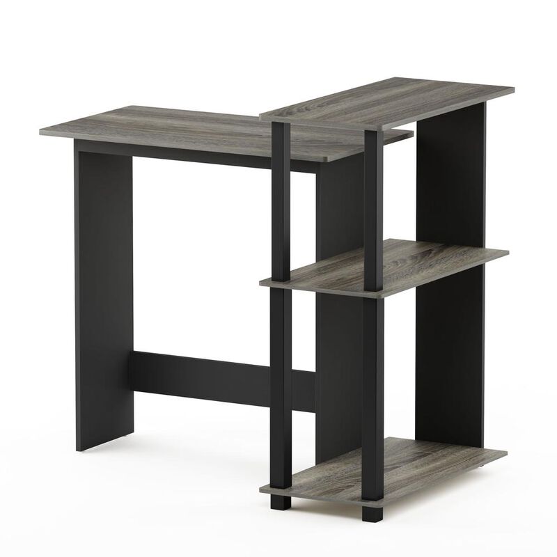 Abbott Corner Computer Desk with Bookshelf, French Oak Grey/Black, 16086R1GYW/BK