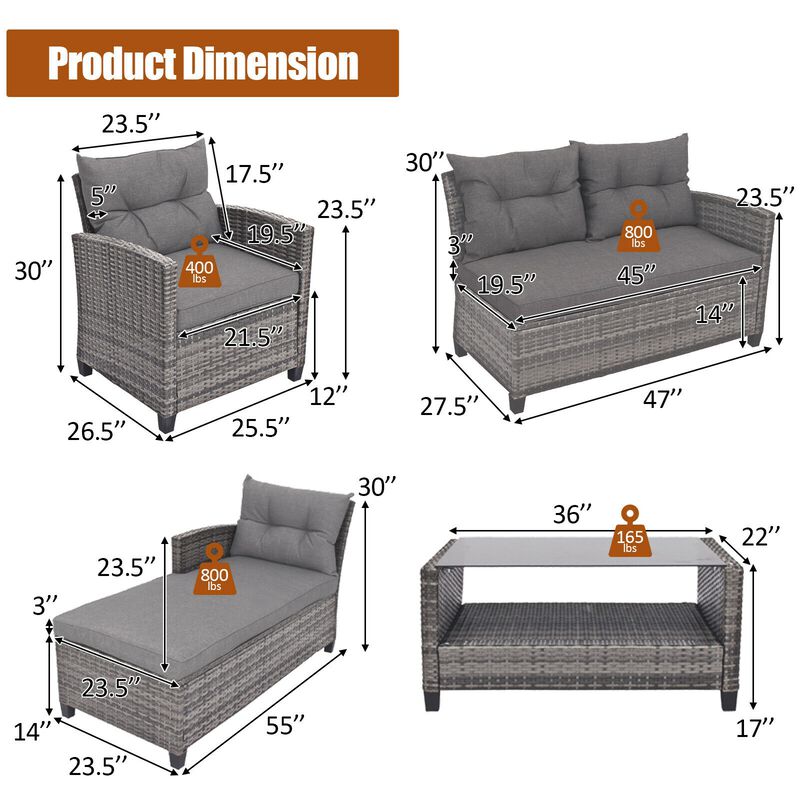 4 Pieces Patio Rattan Sofa Furniture Set with Cushion and 2-Tier Coffee Table image number 4