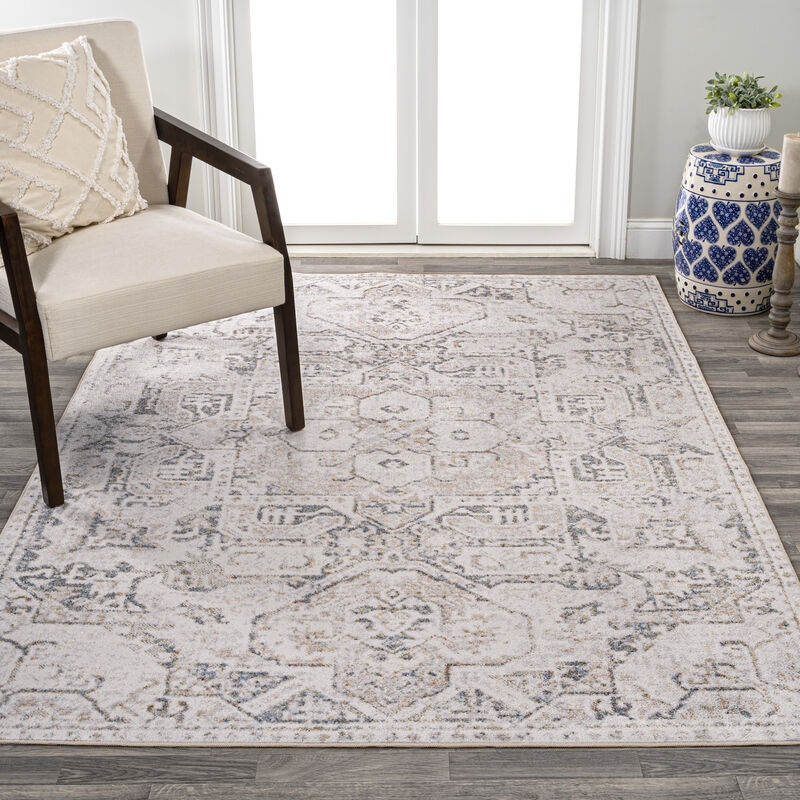 Edith Distressed Medallion Low-Pile Machine-Washable Cream/Light Gray Rug