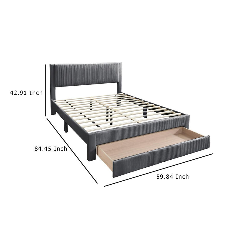 Peo Queen Size Bed w Storage Drawer, Charcoal Gray Corduroy Upholstery - Benzara