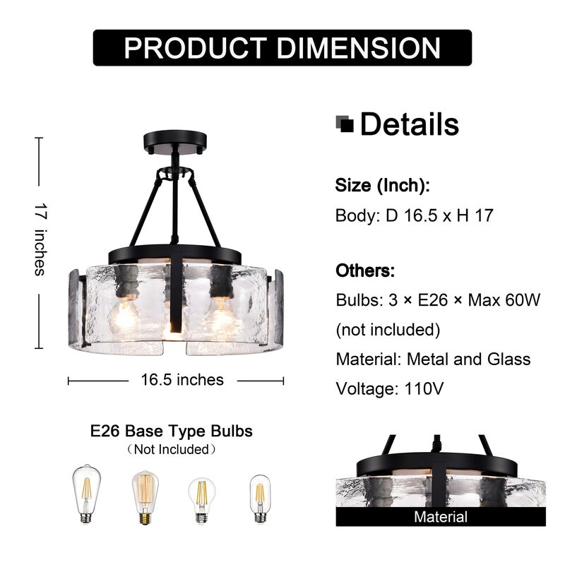 Cintia Black 3-Light Water Textured Glass Panel Drum Semi Flush Mount image number 6