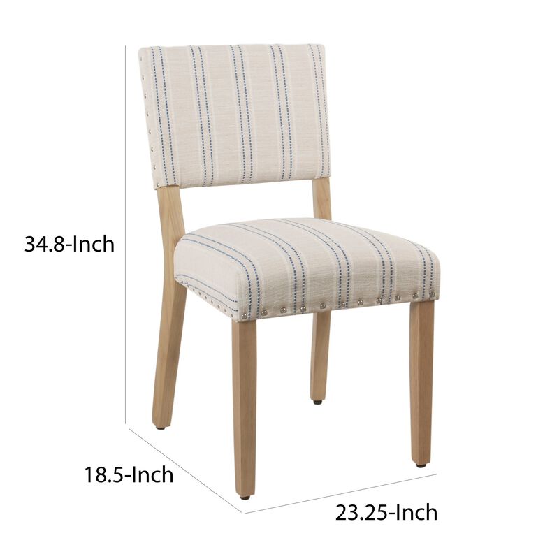 Wooden Dining Chair with Striped Pattern Fabric Cushioned Seat, Blue and White, Set of Two - Benzara