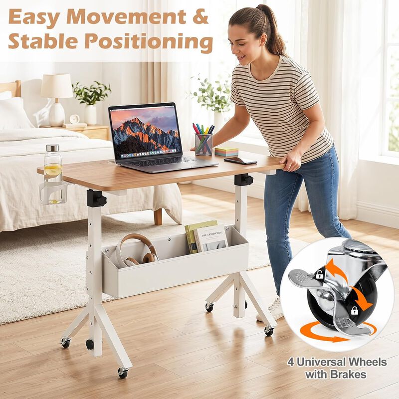 Mobile Rolling Standing Desk with Adjustable Height Cup Holder and Storage Basket image number 5