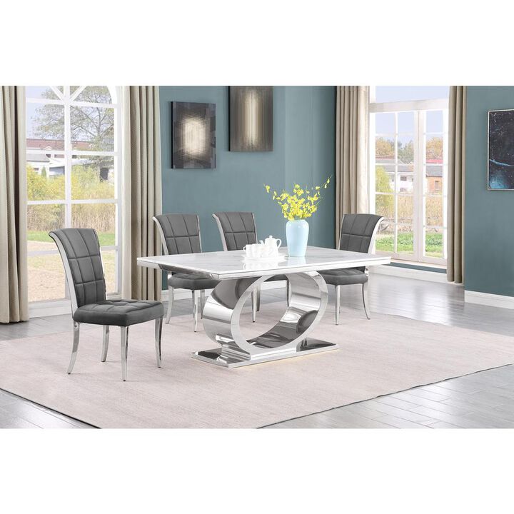5pc Small(48") marble top dining set with silver base and 4 Dark grey chairs