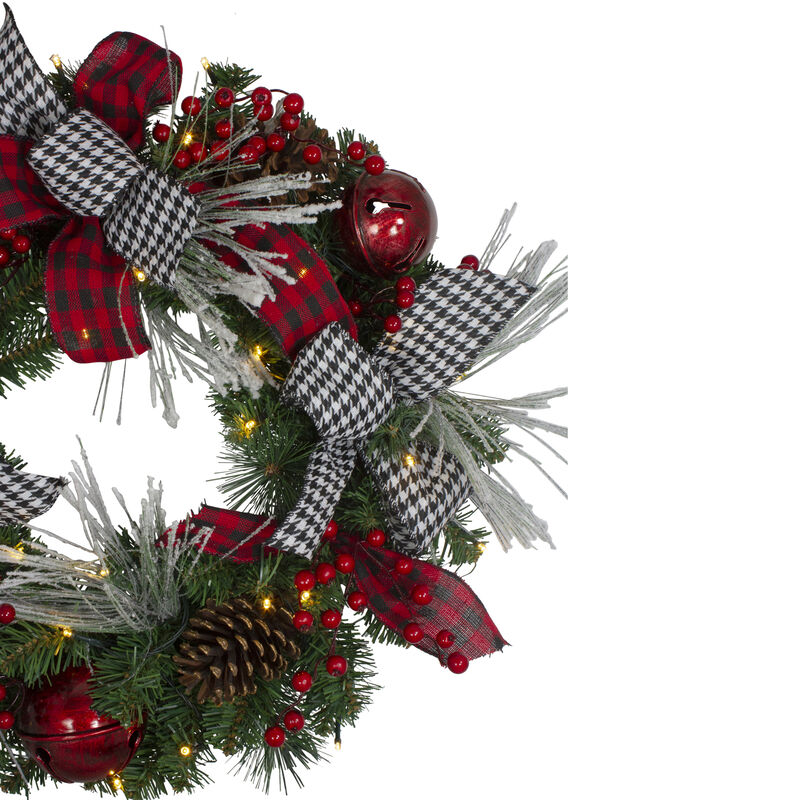 Pre-Lit Decorated Plaid and Houndstooth Artificial Christmas Wreath - 24-Inch  Warm White Lights