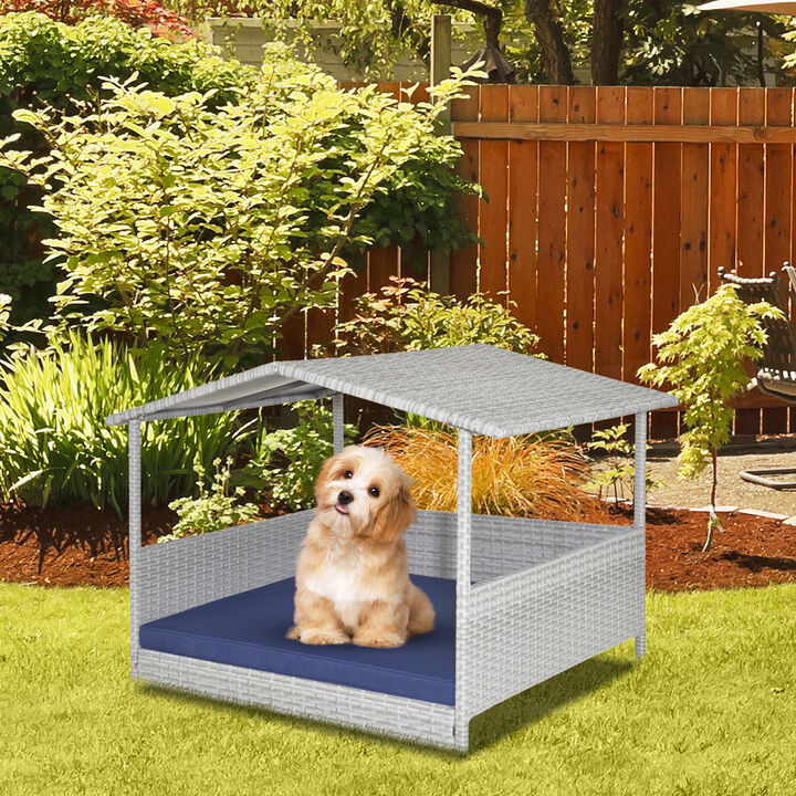 Wicker Dog House with Waterproof Roof and Washable Cushion Cover-Navy