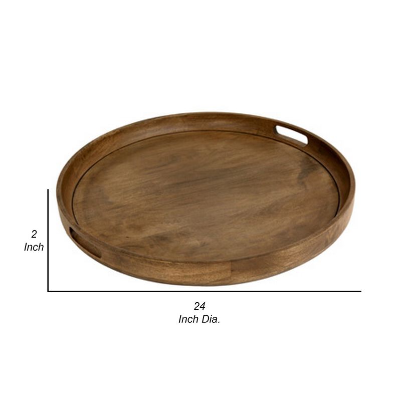 Bera Serving Tray, 24 Inch Round, 2 Handles, Industrial Brown Gray Finish - Benzara