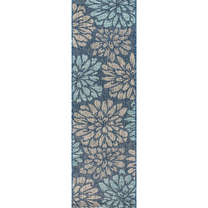 Zinnia Modern Floral Textured Weave Navy/Aqua. Indoor/Outdoor Runner Rug
