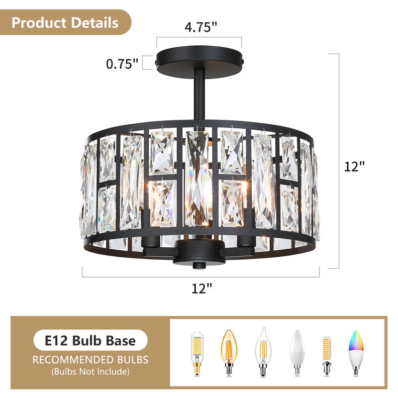 Modern Glam 3-Light Dimmable Crystal Semi Flush Mount Ceiling Light image number 2