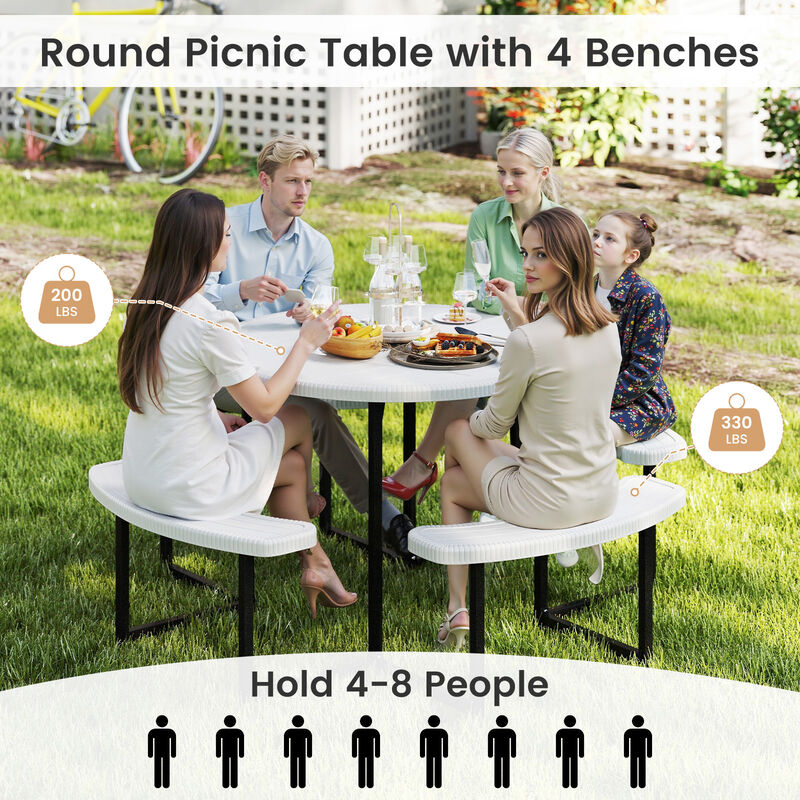 Round Picnic Table Set with 4 Benches and Umbrella Hole &ndash; Outdoor Patio Dining