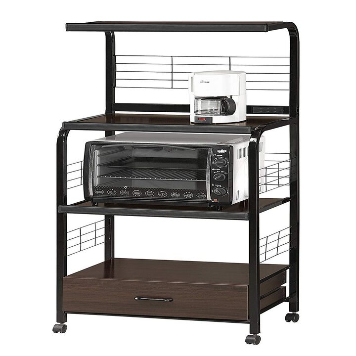 Wood and Metal Kitchen Cart On Casters, Brown and Black-Benzara