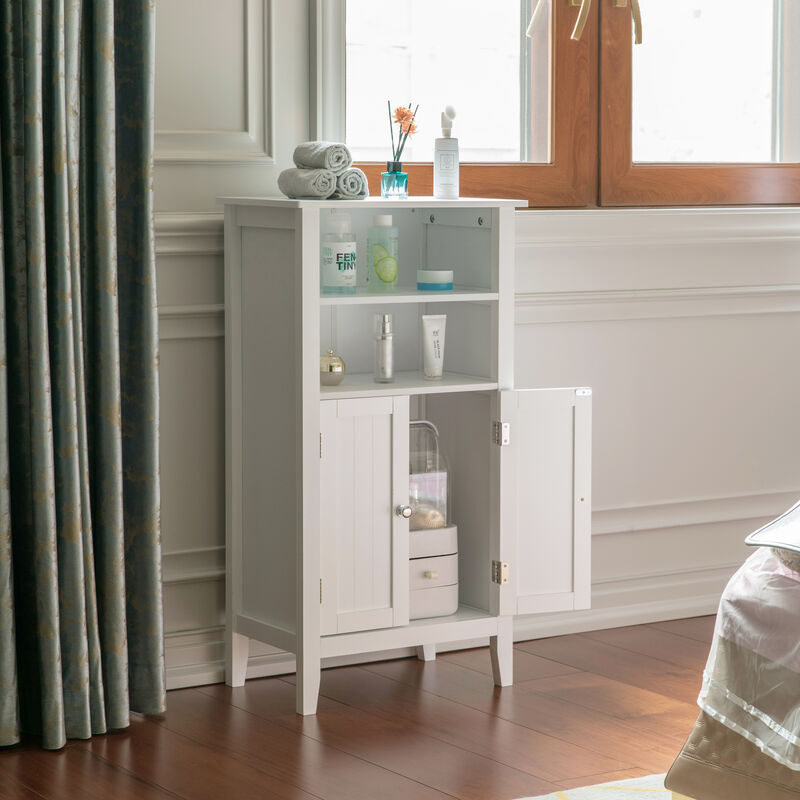 White Bathroom Storage Cabinet with 2 Doors and 2 Open Shelves for Bedroom, Bathroom, and Vanity