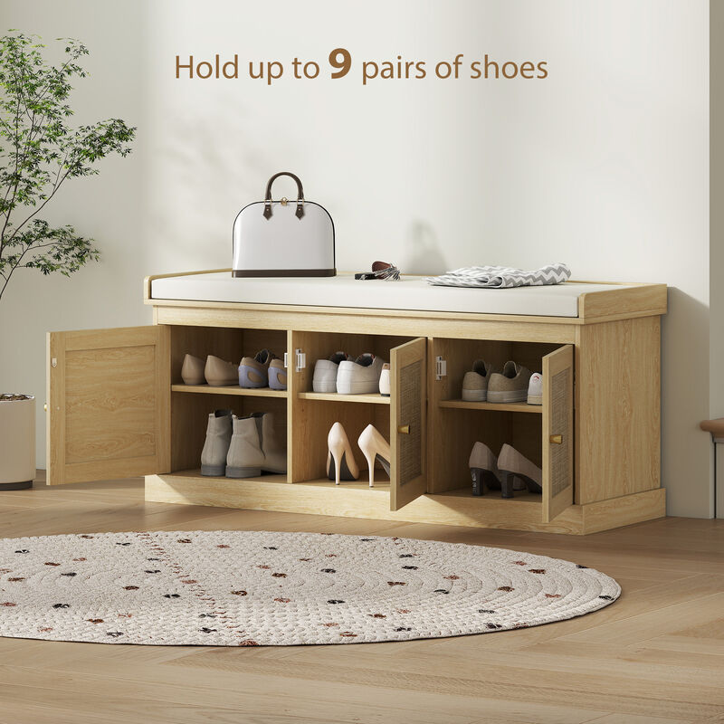 Hivvago Entryway Shoe Bench with Woven Doors and Shelves image number 5