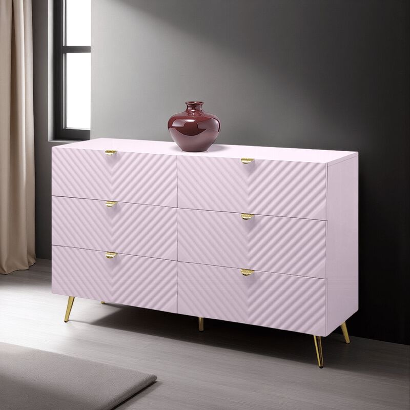 Tyra Wide Dresser, 6 Drawers, Gold Legs, Gloss Pink Chevron Pattern - Benzara