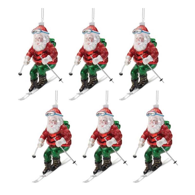 Skiing Santa Glass Ornaments (6-Pack) &ndash; Festive Santa Claus Tree Decorations for Snow-Themed Holiday Styling