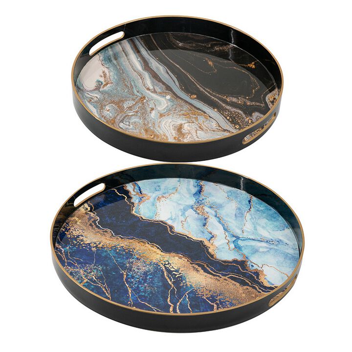 Set of 2 Round Decorative Trays, Tall Rims, Faux Marble, Blue, Gold - Benzara