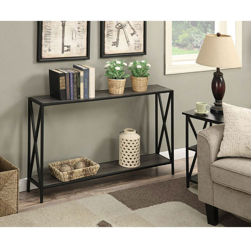 Weathered Wood Console Table with Metal Frame and Bottom Storage Shelf
