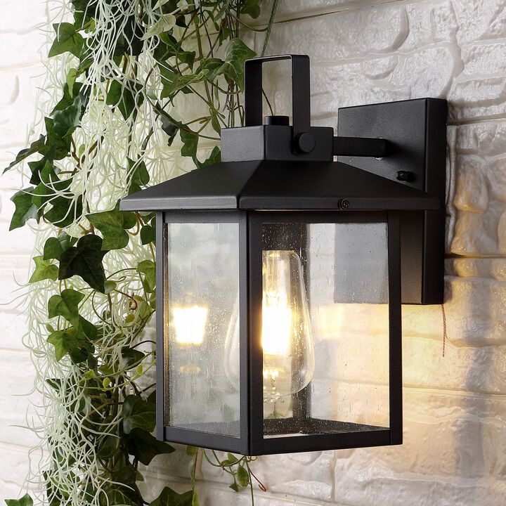 Bungalow 6.75" 1-Light Iron/Seeded Glass Rustic Traditional Lantern LED Outdoor Lantern, Black (Set of 2)