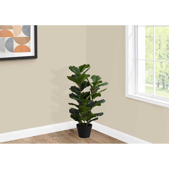 Monarch Specialties I 9511 - Artificial Plant, 32" Tall, Fiddle Tree, Indoor, Faux, Fake, Floor, Greenery, Potted, Real Touch, Decorative, Green Leaves, Black Pot