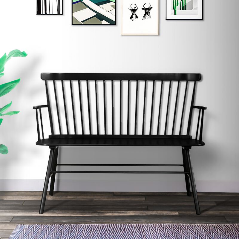Transitional Style Curved Design Spindle Back Bench with Splayed Legs,Black-Benzara image number 2