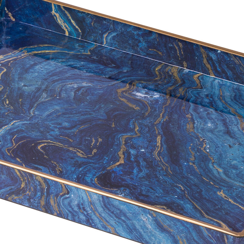 19, 18 Inch Set of 2 Modern Decorative Trays, Blue Pattern with Gold Rim-Benzara image number 2