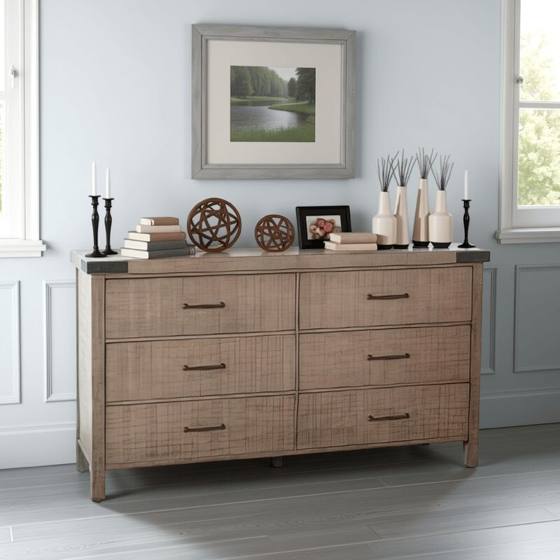 Desy Wide Dresser Chest with 6 Drawers, Light Brown Mahogany Wood - Benzara