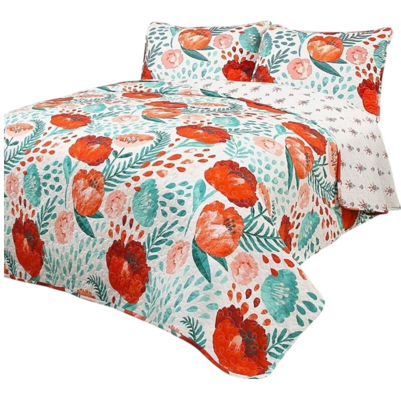 Hivvago Full/Queen Red Poppy Flower White Teal Lightweight 3 Piece Cotton Quilt Set