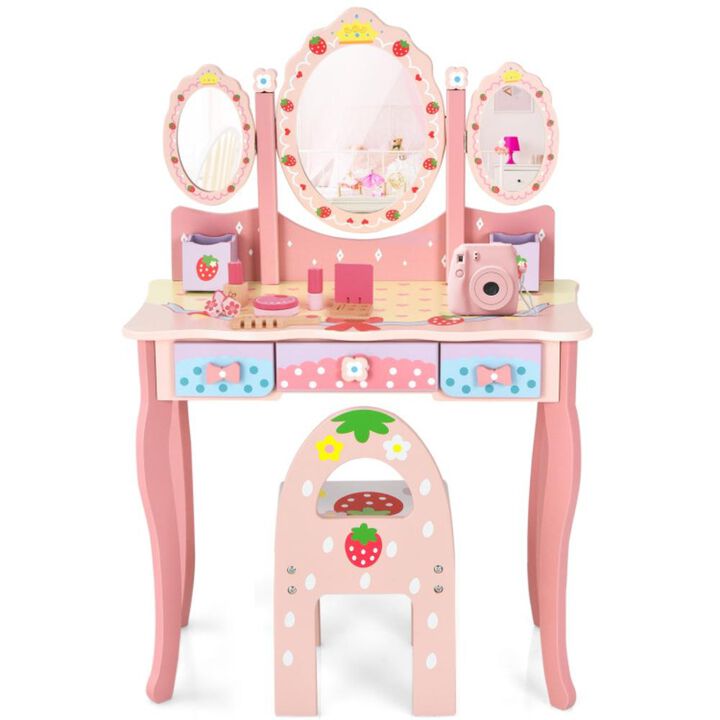 Hivvago Kids Vanity Princess Makeup Dressing Table Chair Set with Tri-fold Mirror