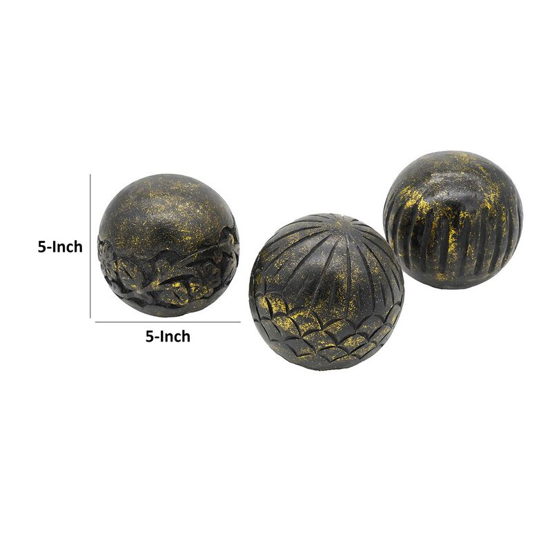 Set of 3 Decorative Tabletop Round Balls, Carved Mango Wood, Black, Yellow - Benzara