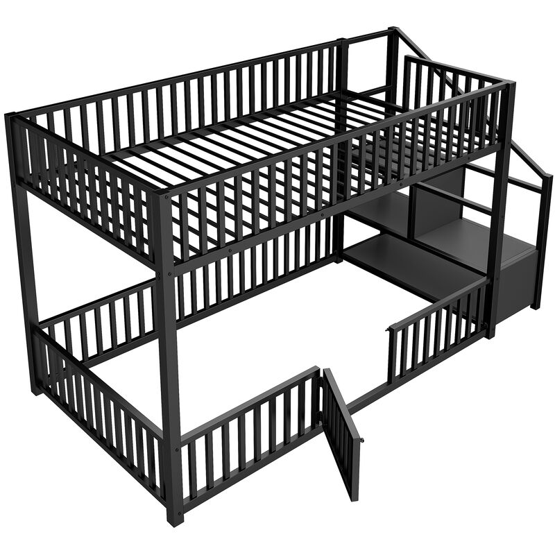 Merax Low-Profile Twin Over Twin Metal Bunk Bed with Storage Ladder image number 0