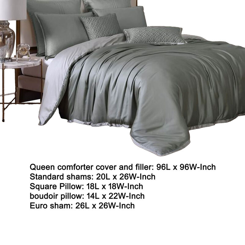 Keo 8pc Queen Comforter Set, Reversible, Shams, Sage Gray Silky Fabric