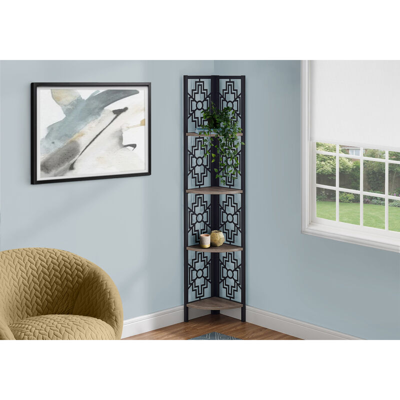 Monarch Specialties I 3621 Bookshelf, Bookcase, Etagere, Corner, 4 Tier, 62"H, Office, Bedroom, Metal, Laminate, Brown, Black, Transitional