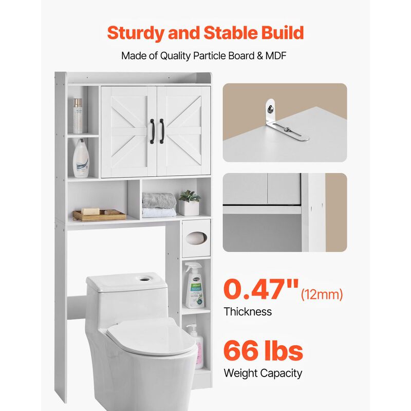 Bathroom Over Toilet Storage Organizer with Cabinet, Open Shelf and Adjustable Shelf-White image number 6