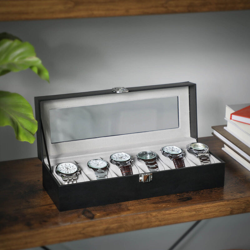 6-Slot Watch Box Men's Case with Glass Top, Lockable Display Organizer