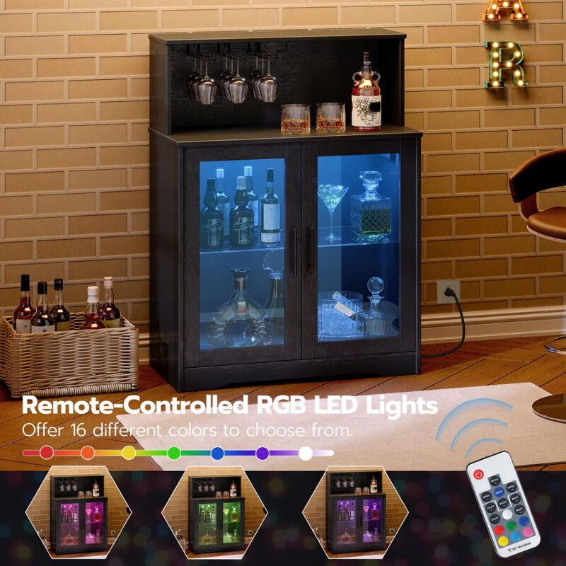 LED Wine Bar Cabinet with Glass Holder and Built-In Power Outlet image number 5