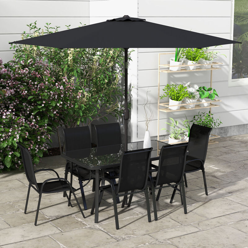Outsunny 8 Pieces Patio Furniture Set with 9Ft Patio Umbrella, Outdoor Dining Table and Chairs, 6 Chairs, Push Button Tilt and Crank Parasol, Tempered Glass Top, Black