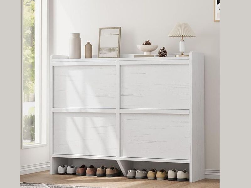 Entryway Wood Shoe Storage Cabinet Flip Drawer Adjustable Shelves White image number 1