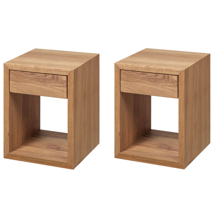 Set of 2 Mid-Century Modern Solid Oiled Oak Floating Nightstands with Drawer - Bedside Tables for Bedroom