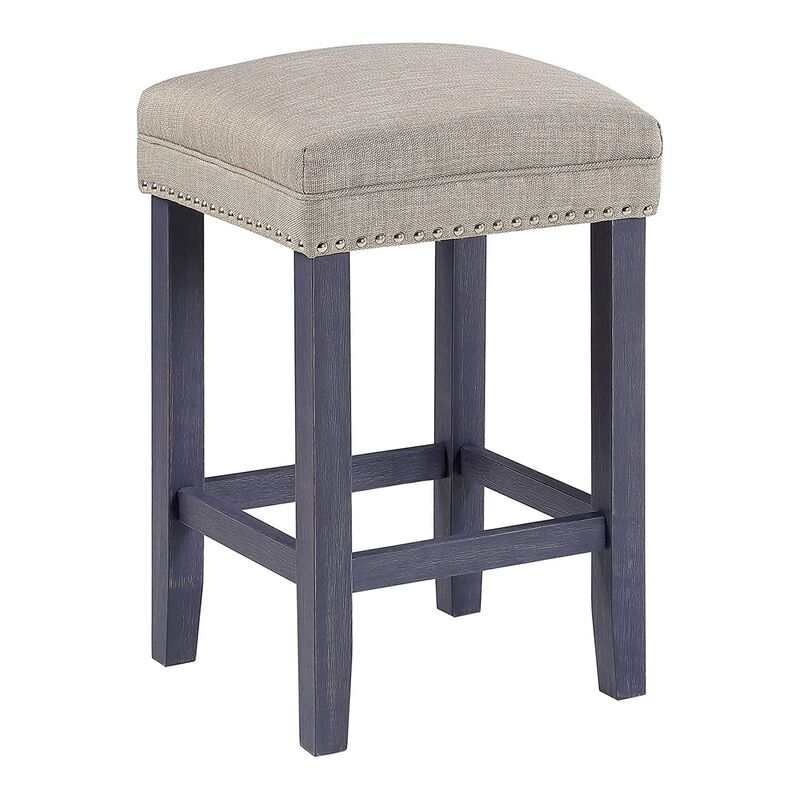 Eala 4 Piece Counter Height Table and Stool Set, Blue Wood, Gray Fabric-Benzara