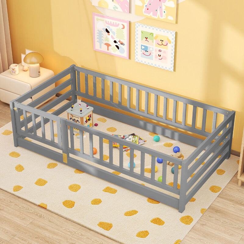 Children&rsquo;s Floor Bed Playhouse with High Fence and Door image number 1