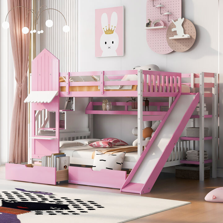 Whisen Full-Over-Full Castle Style Bunk Bed with 2 Drawers 3 Shelves and Slide