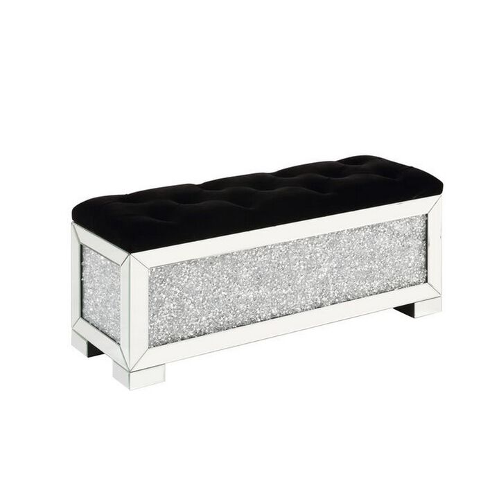 Mirrored Bench with Tufted Seat and Faux Diamonds, Silver-Benzara