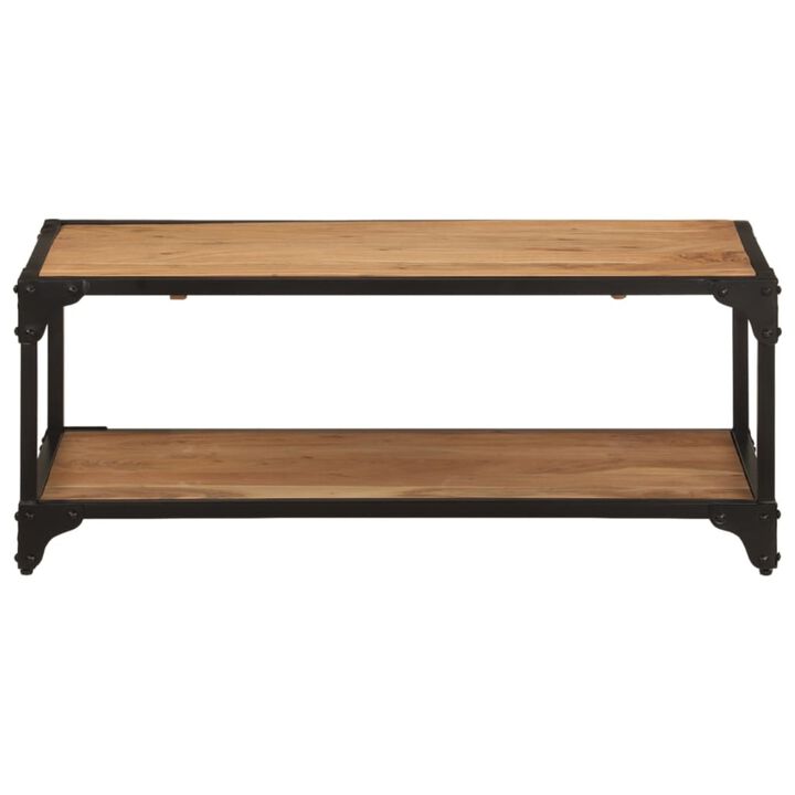 vidaXL Solid Acacia Wood Coffee Table with Iron Frame and Extra Storage Shelf, Retro Style, Natural Finish - 35.4"x17.7"x13.8"
