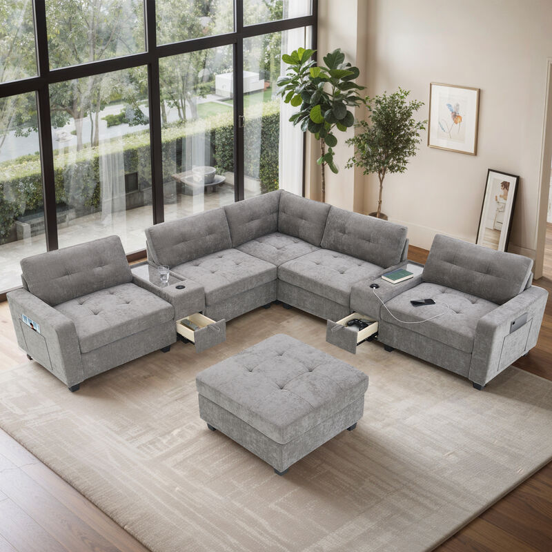 Merax Chenille Modular Sectional Sofa with Dual Consoles image number 1