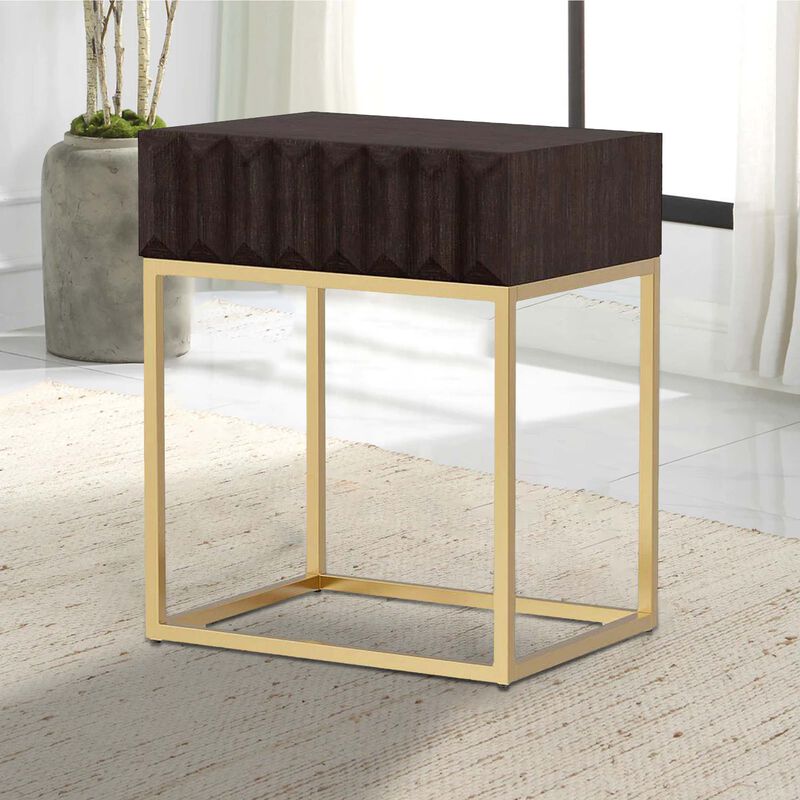 Bran 24 Inch Modern Side End Table, Brown Wood, Gold Steel Base, 1 Drawer