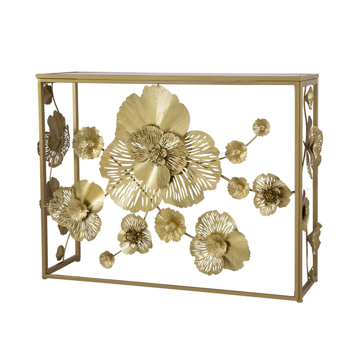 39 Inch Mirrored Top Console Table, Elegant Floral Design, Iron, Matte Gold