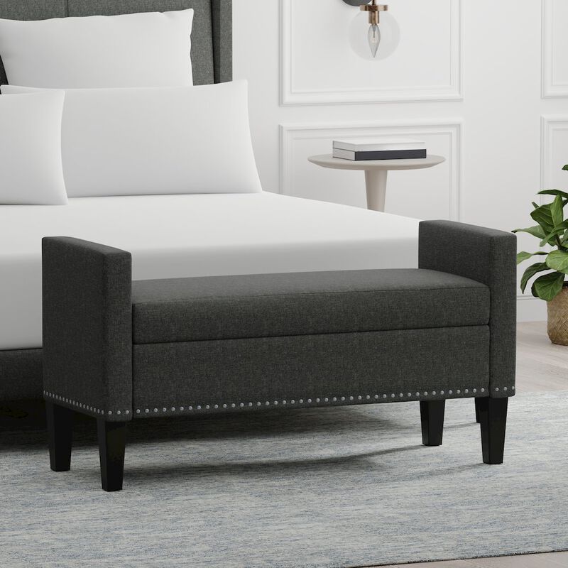 Rize Home 46 Storage Bench with Arms + Nailhead Trim - Dark Gray image number 4