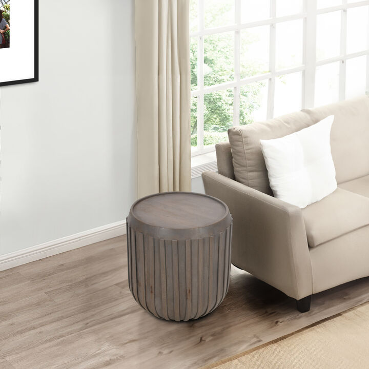 Alisha 25 Inch Side End Table, Handcrafted Mango Wood Drum Shape with Ribbed Edges, Gray