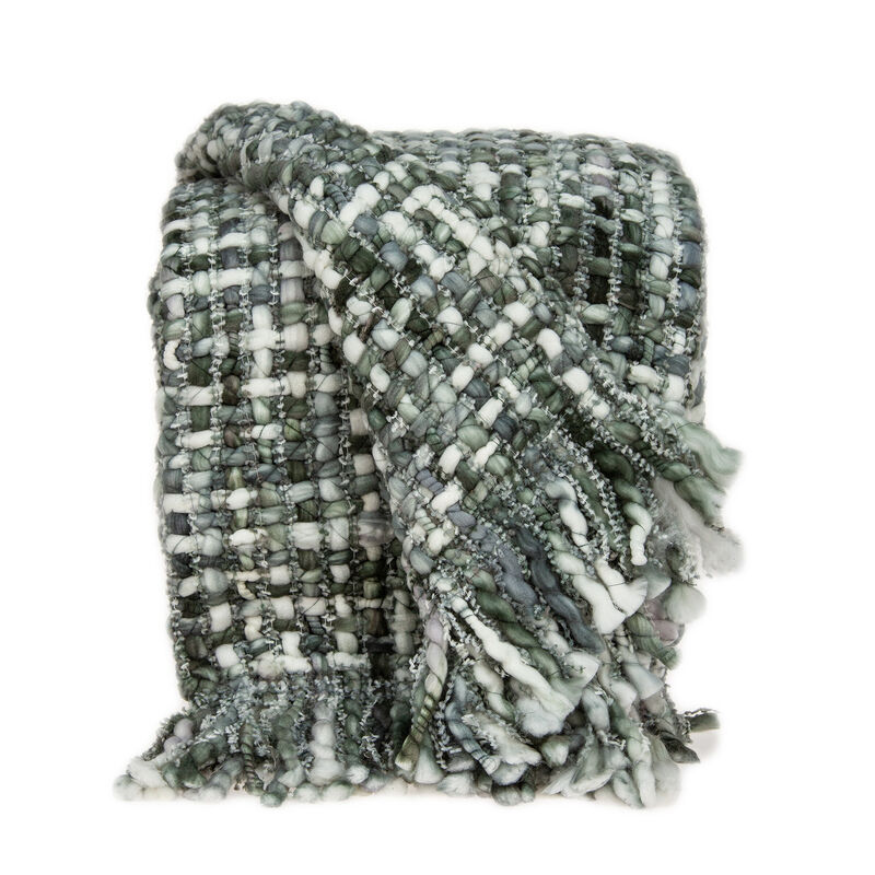 HomeRoots Green and White Knitted Cotton Blend Abstract Throw Blanket with Fringe image number 0